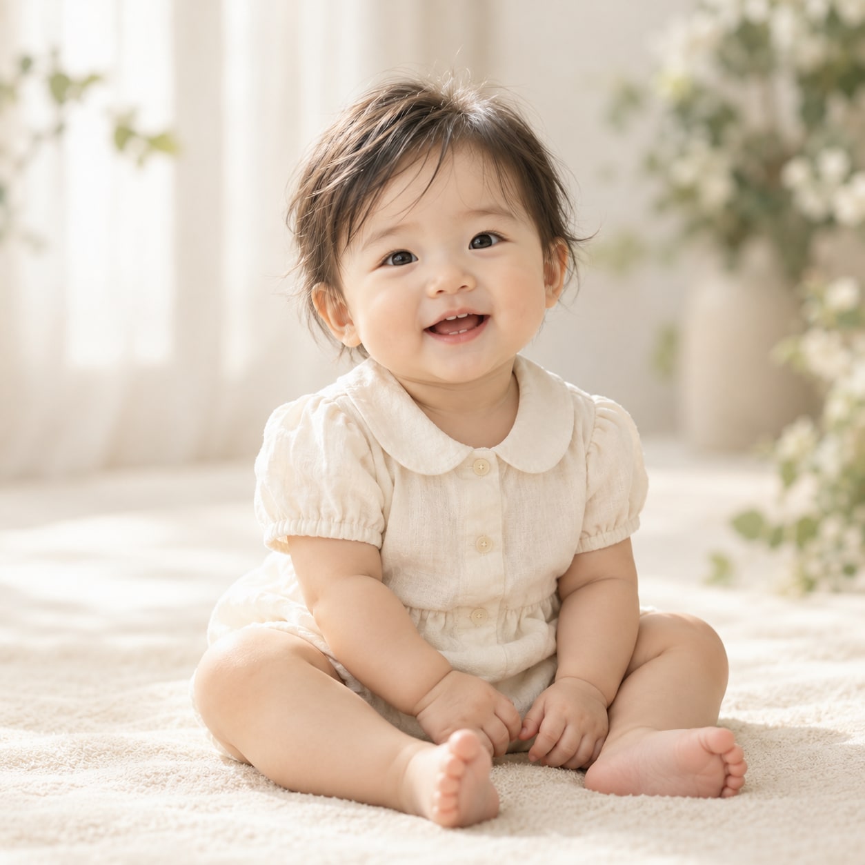 아이보리 옷을 입고 웃는 아기의 돌잔치 초대장 화보